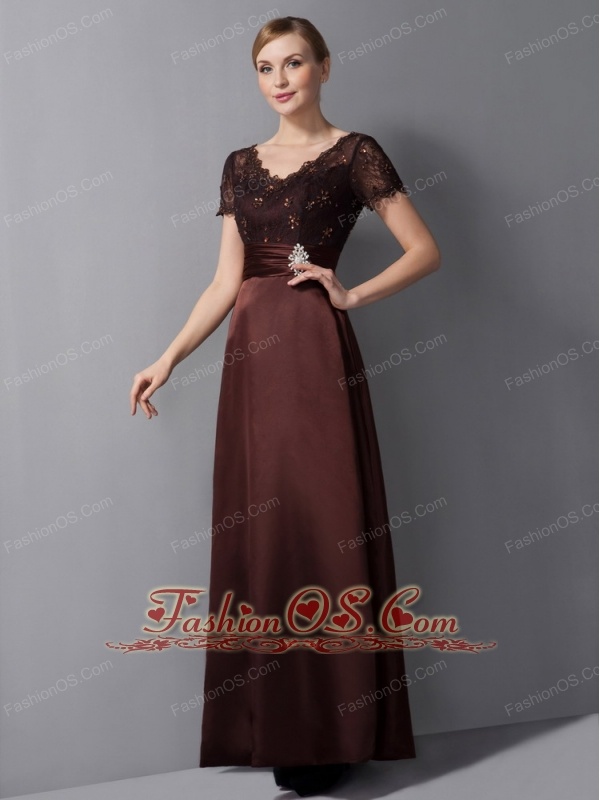 Custom Made Brown Column Mother Of The Bride Dress V-neck Beading Ankle-length Satin