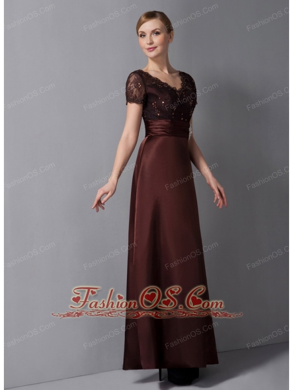 Custom Made Brown Column Mother Of The Bride Dress V-neck Beading Ankle-length Satin
