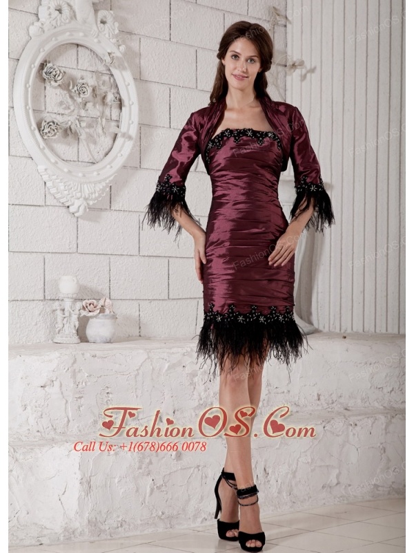 Custom Made Burgundy Mother of the Bride Dress Rhinestones and Ruch Column Strapless Knee-length Taffeta