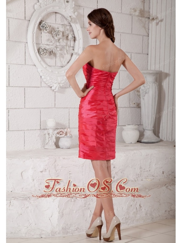 Custom Made Coral Red Column Mother of the Bride Dress Strapless Ruch Knee-length Taffeta