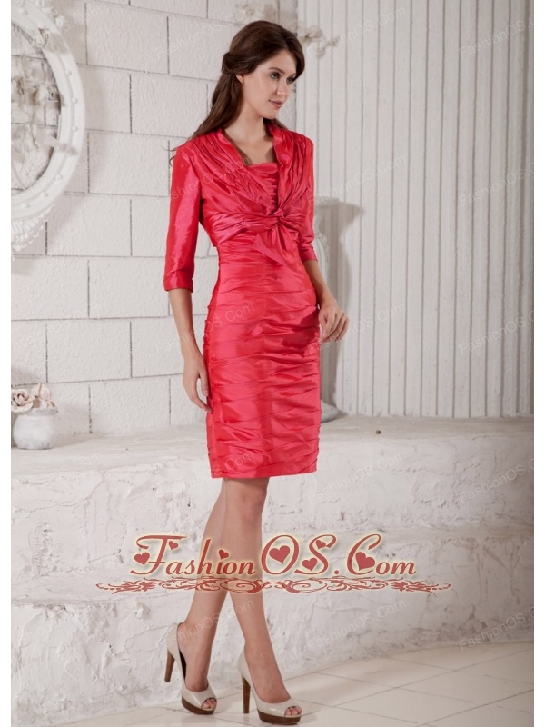 Custom Made Coral Red Column Mother of the Bride Dress Strapless Ruch Knee-length Taffeta