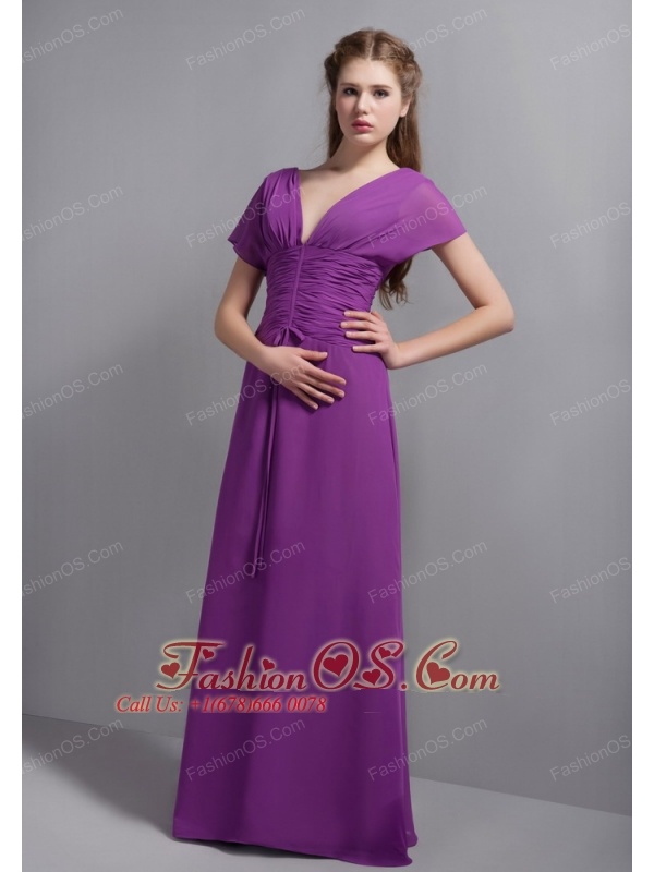 Custom Made Eggplant Purple Column Mother Of The Brides Dress V-neck Ruch Floor-length Chiffon