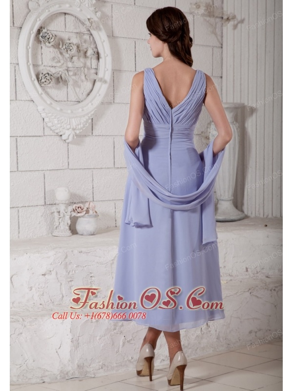 Custom Made Lilac Empire V-neck Mother Of The Bride Dress Tea-length Chiffon Ruch and Beading