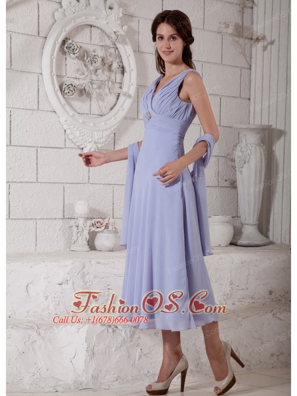 Custom Made Lilac Empire V-neck Mother Of The Bride Dress Tea-length Chiffon Ruch and Beading
