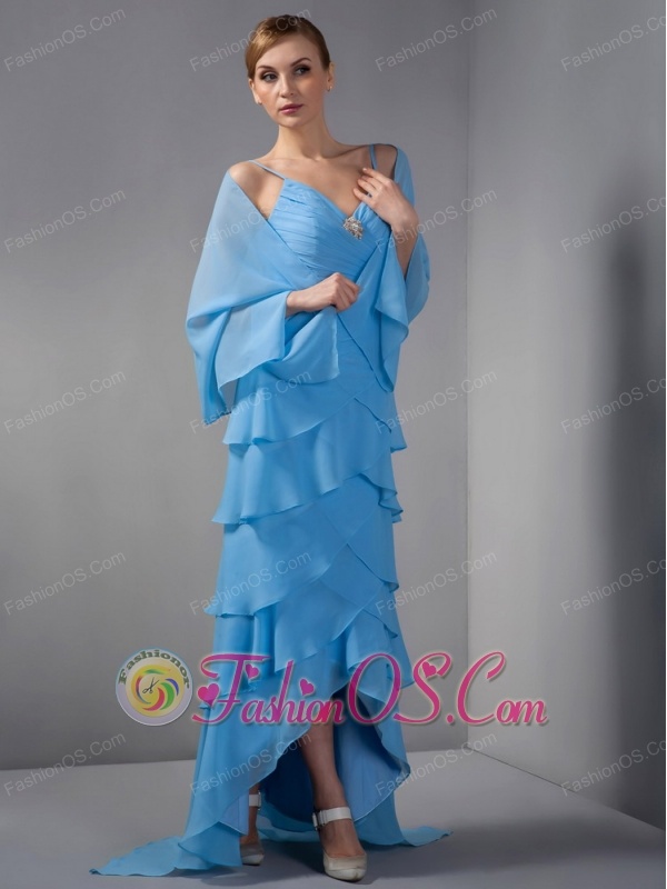 Custom Made Sky Blue Column Mother Of The Bride Dress Straps Beading and Ruch Brush Train Chiffon