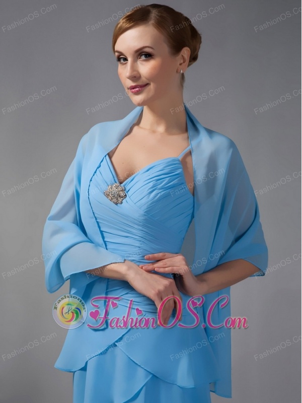 Custom Made Sky Blue Column Mother Of The Bride Dress Straps Beading and Ruch Brush Train Chiffon