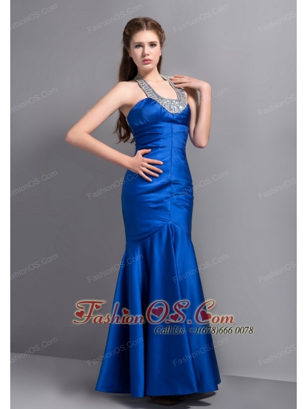 Customize Royal Blue Mermaid Halter Beading Prom Dress Ankle-length Taffeta