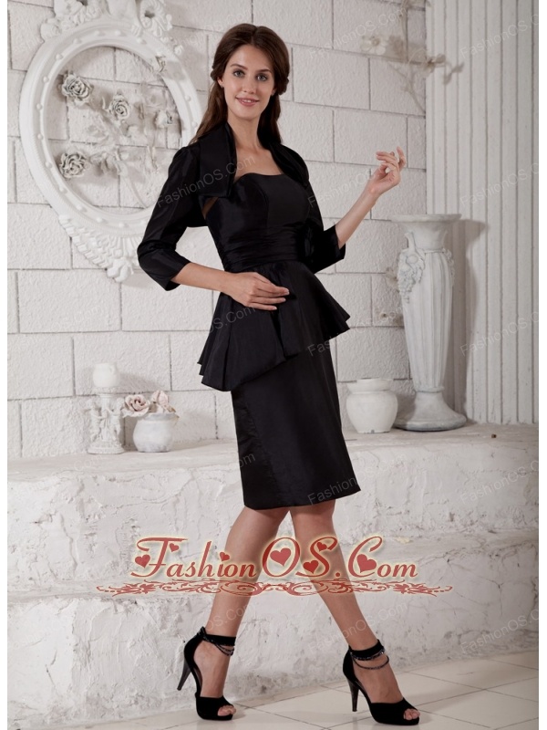 Elegant Black Column Mother of the Bride Dress Strapless Hand Made Flower Knee-length Satin