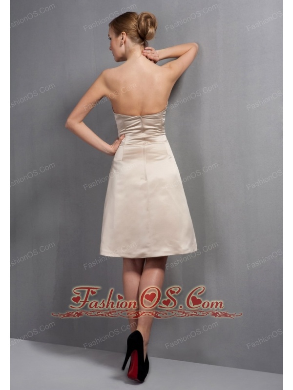 Elegant Champagne A-line Mother Of The Bride Dress Strapless Hand Made Flowers Knee-length Satin