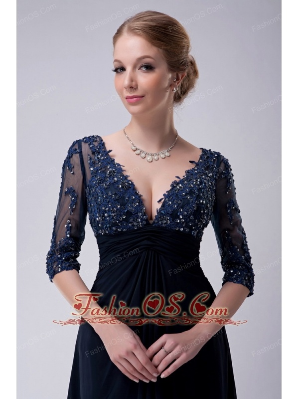 Exclusive Navy Blue Empire V-neck Mother Of The Bride Dress Brush Train Chiffon Appliques