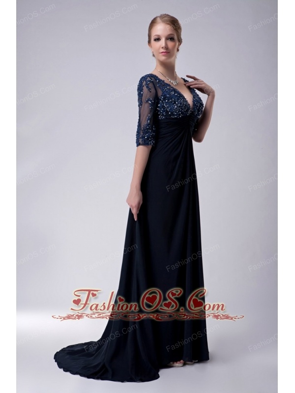 Exclusive Navy Blue Empire V-neck Mother Of The Bride Dress Brush Train Chiffon Appliques