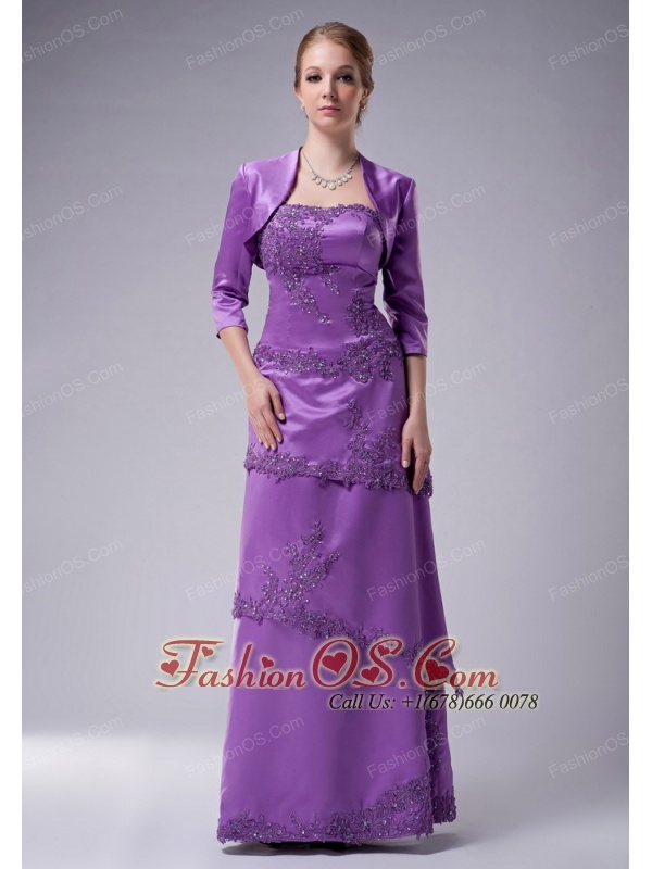 Modest Eggplant Purple Empire Strapless Mother Of The Bride Dress Satin Appliques Floor-length
