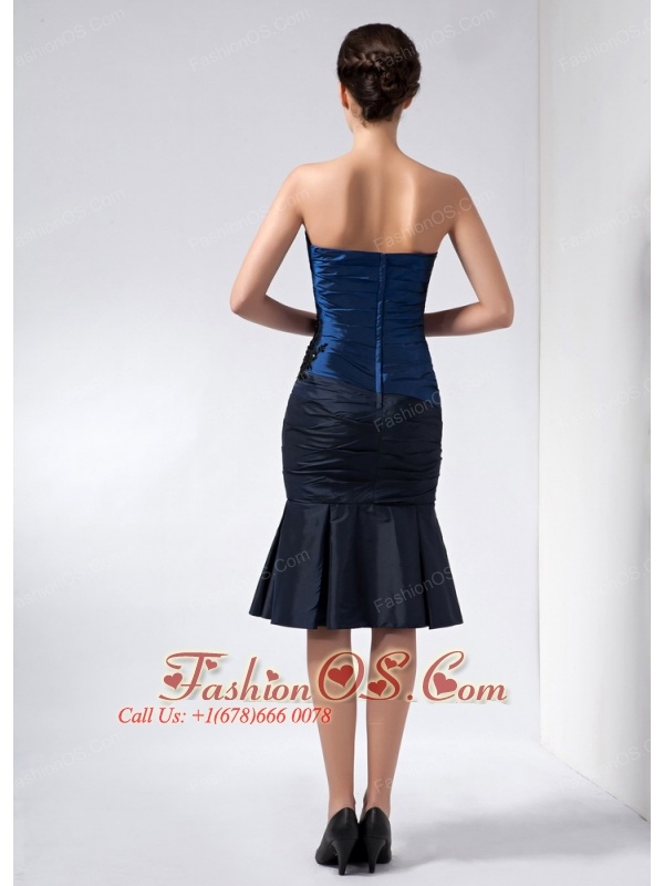 Perfect Navy Blue Mother Of The Bride Dress Column Strapless Beading and Appliques Knee-length Taffeta