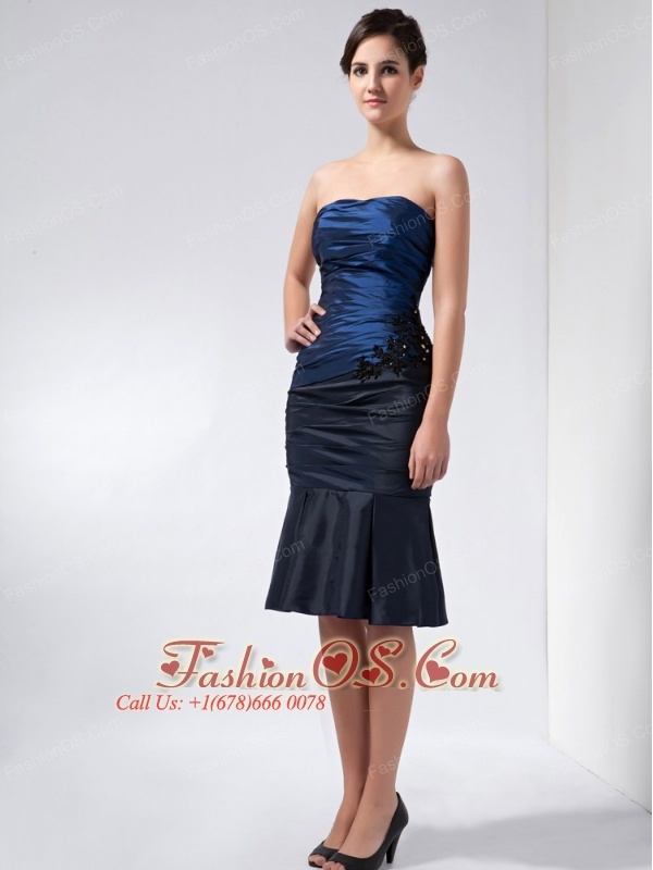 Perfect Navy Blue Mother Of The Bride Dress Column Strapless Beading and Appliques Knee-length Taffeta