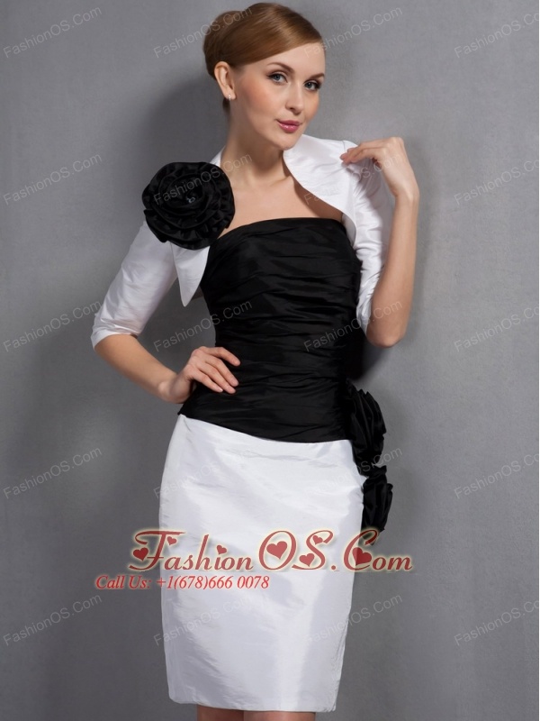 Perfect White and Black Column Mother Of The Bride Dress Strapless Hand Made Flowers Knee-length Taffeta