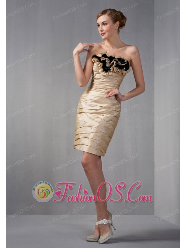 Unique Champagne Mother Of The Bride Dress Column Strapless Ruch and Hand Made Flowers Mini-length Taffeta