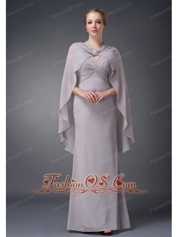 Wonderful Grey Column V-neck Mother Of The Bride Dress Chiffon Ruch Floor-length