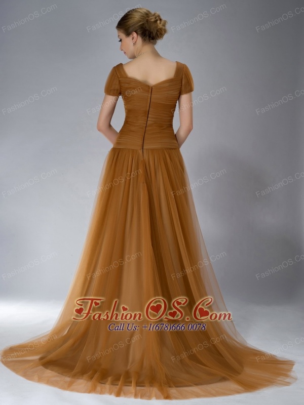 Beautiful Brown Empire Square Mother Of The Bride Dress Brush Train Tulle Appliques