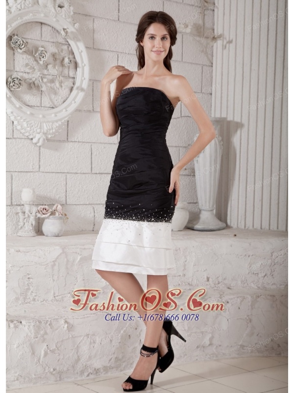 Custom Made White and Black Mother of the Bride Dress Column Strapless Beading Knee-length Taffeta