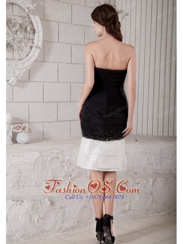 Custom Made White and Black Mother of the Bride Dress Column Strapless Beading Knee-length Taffeta