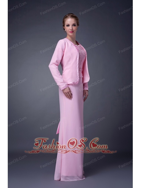 Customize Baby Pink Column Straps Mother Of The Bride Dress Chiffon Beading Floor-length