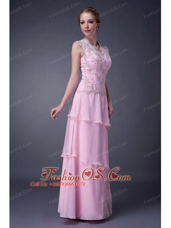 Customize Baby Pink Empire V-neck Mother Of The Bride Dress Chiffon Floor-length Appliques