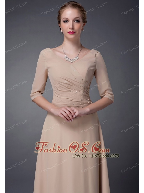 Customize Champagne Empire V-neck Mother Of The Bride Dress Chiffon Beading Floor-length