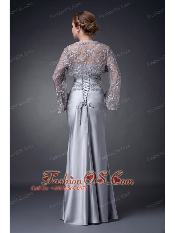 Customize Silver Column Strapless Mother Of The Bride Dress Elastic Woven Satin Appliques Floor-length