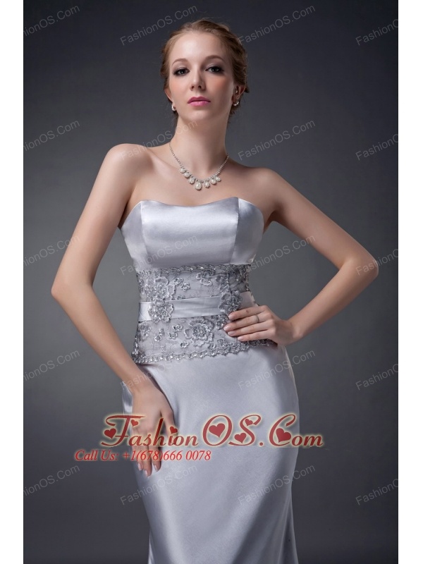 Customize Silver Column Strapless Mother Of The Bride Dress Elastic Woven Satin Appliques Floor-length