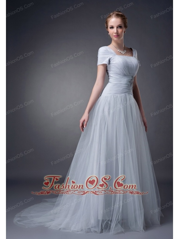 Modest Gray A-line Square Mother Of The Bride Dress Brush Train Tulle Appliques