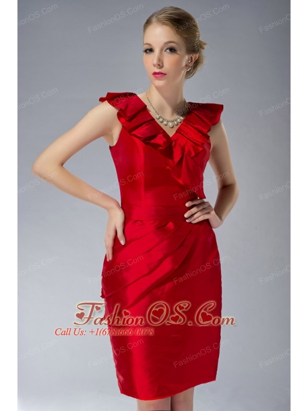 Simple Red Column V-neck Mother Of  The Dress Mini-length Taffeta Ruch
