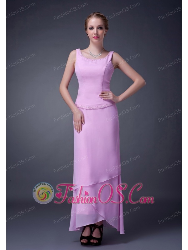 Sweet Baby Pink Column Scoop Mother Of The Bride Dress Ankle-length Chiffon Beading