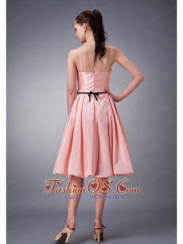 Custom Made Baby Pink A-line / Princess V-neck Knee-length Taffeta Sash Bridesmaid Dress