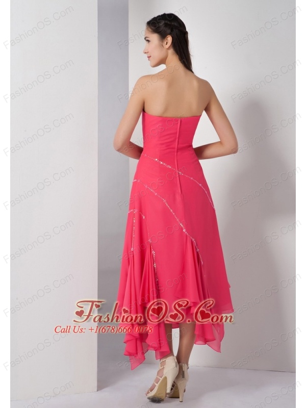 Customize Hot Pink Empire Strapless Asymmetrical Bridesmaid Dress Chiffon Sequins