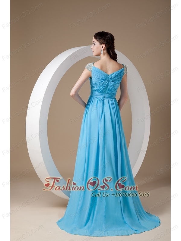 Customize Baby Blue Mother of the Bride Dress Empire Square Chiffon Beading Brush Train