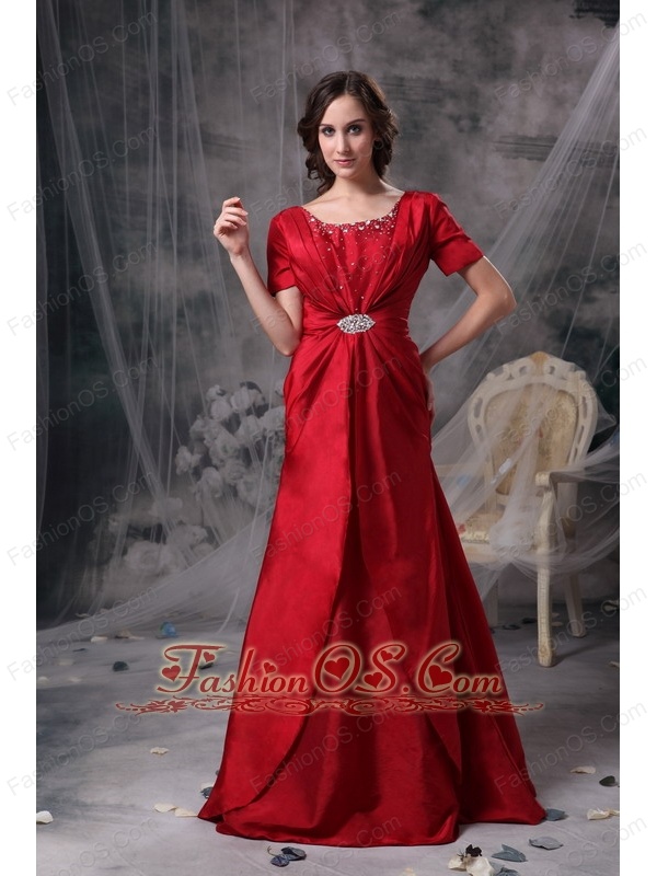 Customize Wine Red Mother Of The Bride Dress A-line Scoop Taffeta Beading and Ruch Brush Train