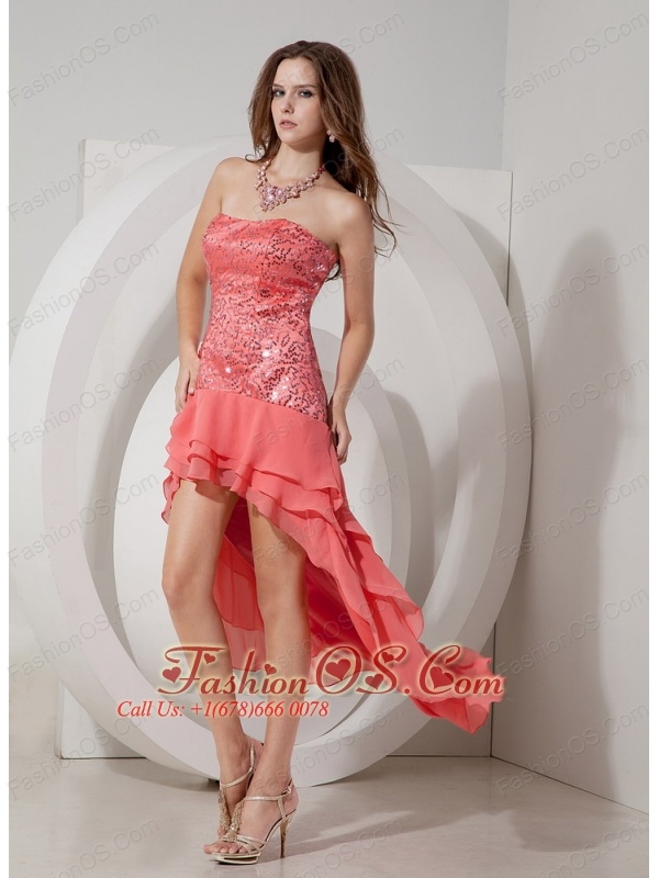 Discount Watermelon Cocktail Dress Red Empire Strapless High-low Chiffon and Sequin