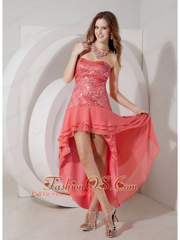 Discount Watermelon Cocktail Dress Red Empire Strapless High-low Chiffon and Sequin