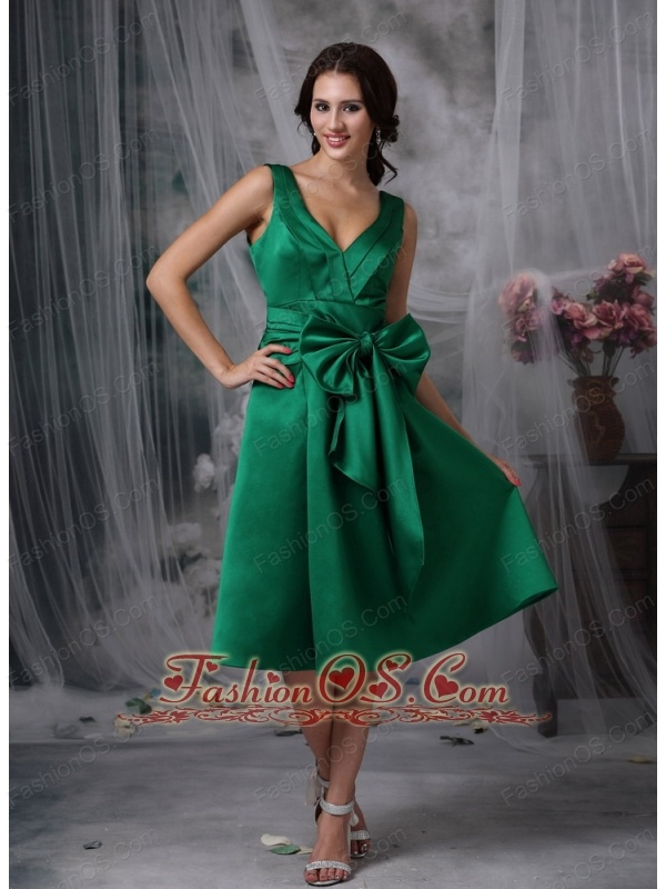 green tea length dress