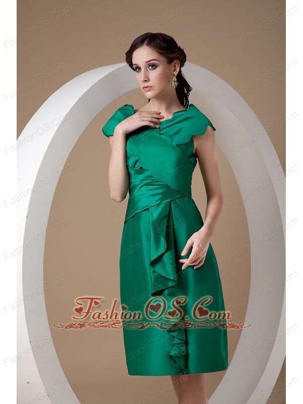 Elegant Dark Green Mother of the Bride Dress Column V-neck Taffeta Ruch Knee-length