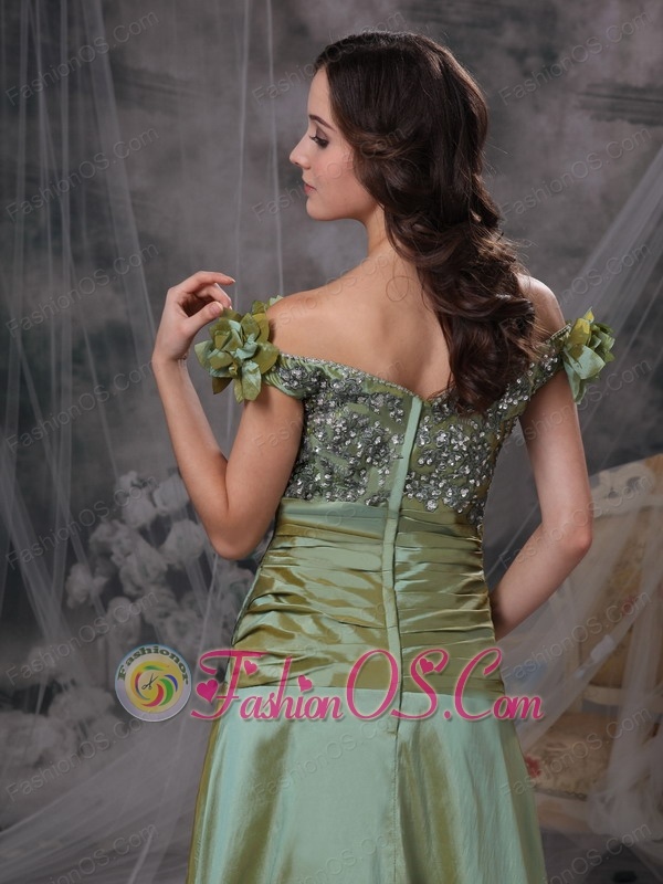 Luxurious Olive Green Mother of the Bride Dress Column Off The Shoulder Beading and Ruch Taffeta Floor-length