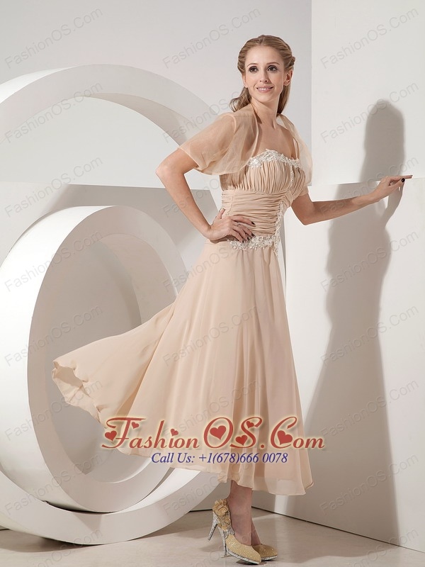 Popular Champagne Column Strapless  Mother Of The Bride Dress Chiffon Appliques Tea-length