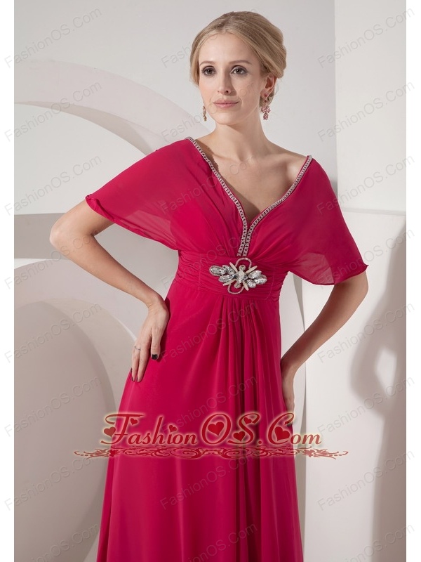 Customize Hot Pink Mother of the Bride Dress Empire V-neck Chiffon Beading Floor-length