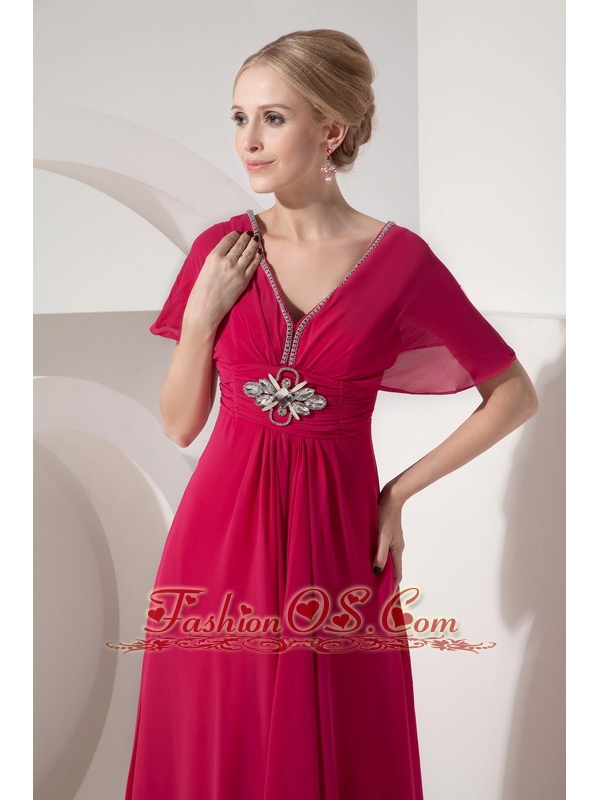 Customize Hot Pink Mother of the Bride Dress Empire V-neck Chiffon Beading Floor-length