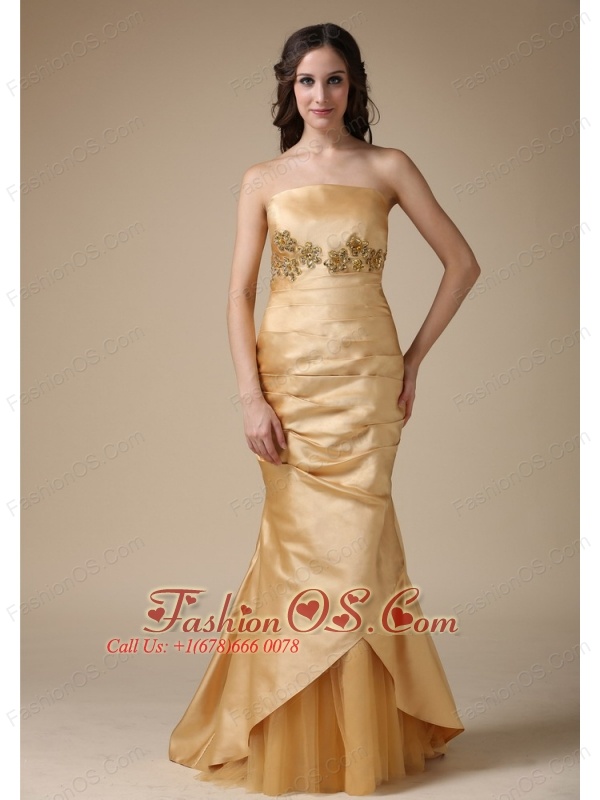 Gold Mermaid Strapless Mother of the Bride Dress Appliques and Ruch