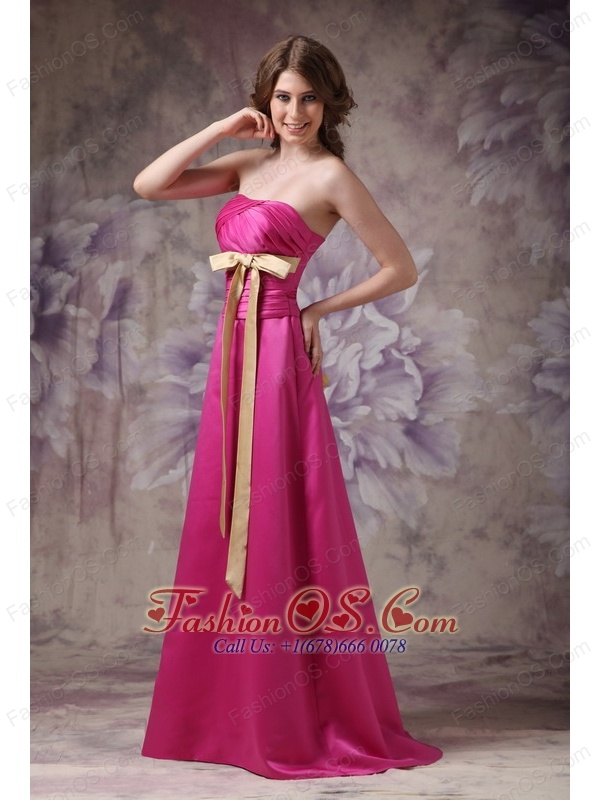 Hot Pink Elegant Bridesmaid Dress A-line Strapless Satin Ruch and Bows