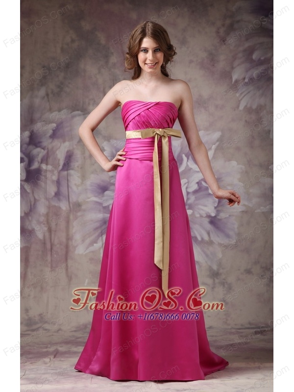 Hot Pink Elegant Bridesmaid Dress A-line Strapless Satin Ruch and Bows