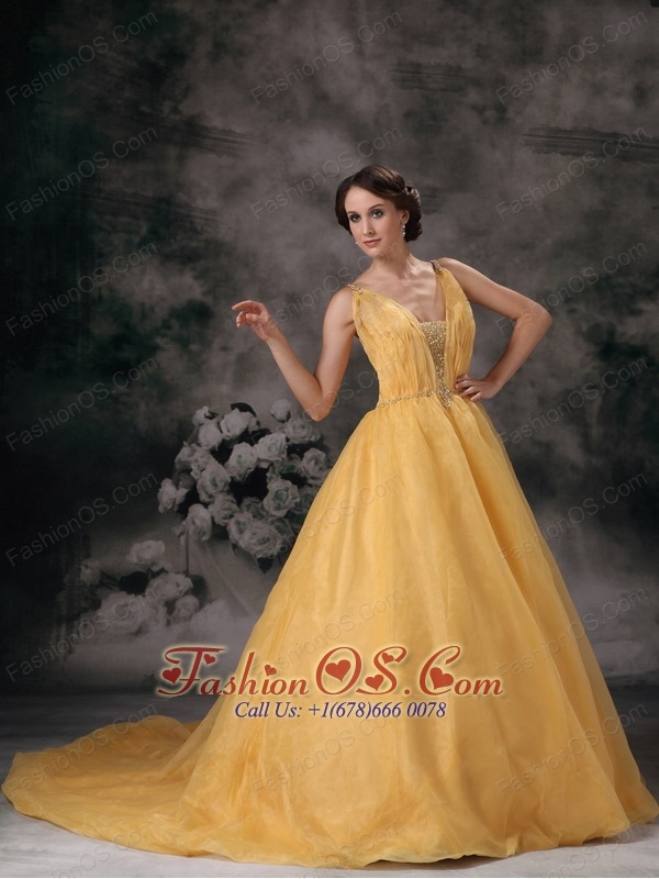 Modest Yellow A-line V-neck Mother Of The Bride Dress Organza Beading Brush Train