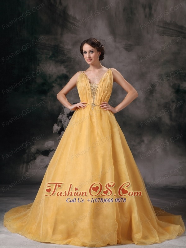 Modest Yellow A-line V-neck Mother Of The Bride Dress Organza Beading Brush Train