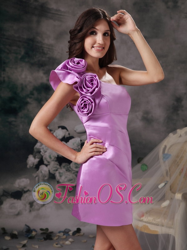 Sexy Lavender Mother of the Bride Dress Column One Shoulder Satin Hand Made Flowers Mini-length